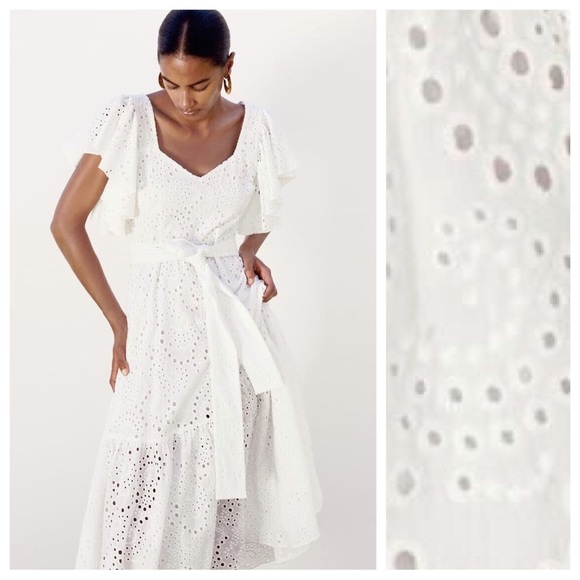 NWT. Zara White Cutwork Embroidery Midi Dress with V-neckline. Size S. - Picture 2 of 9